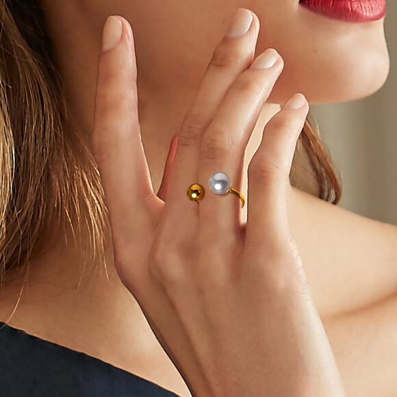 3/$35 Trendy 18K Gold Plated Tone Open Pearl & Ball Bypass Ring Adjustable Size - Picture 4 of 9